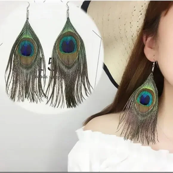 Whimsical Natural Delicate Boho Peacock Feather Dangle Drop Hook Earrings A0105 - Picture 6 of 12